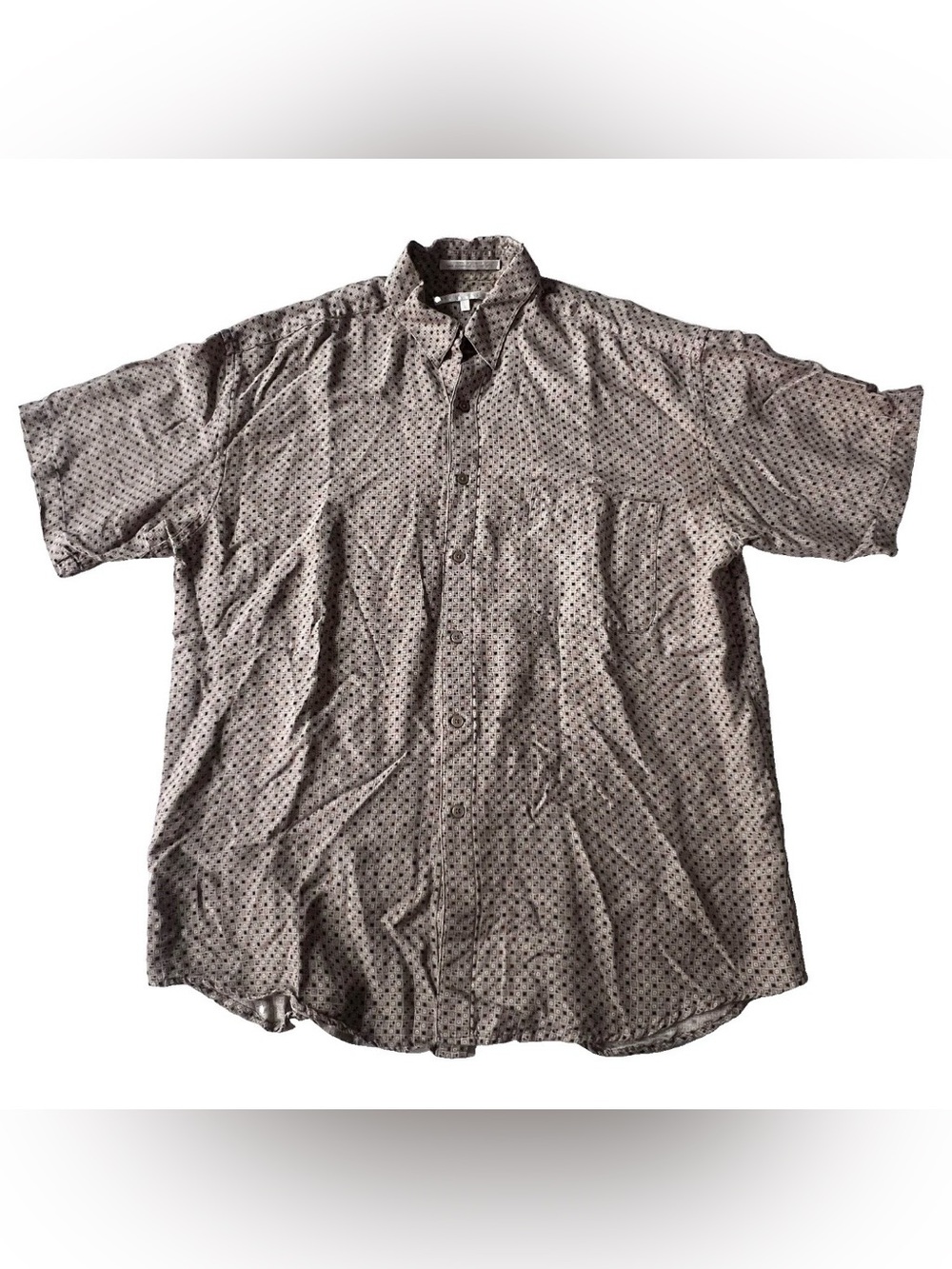 Perry Ellis Mens 100% Silk Short Sleeve Button Down Shirt Mens L Retro Taupe